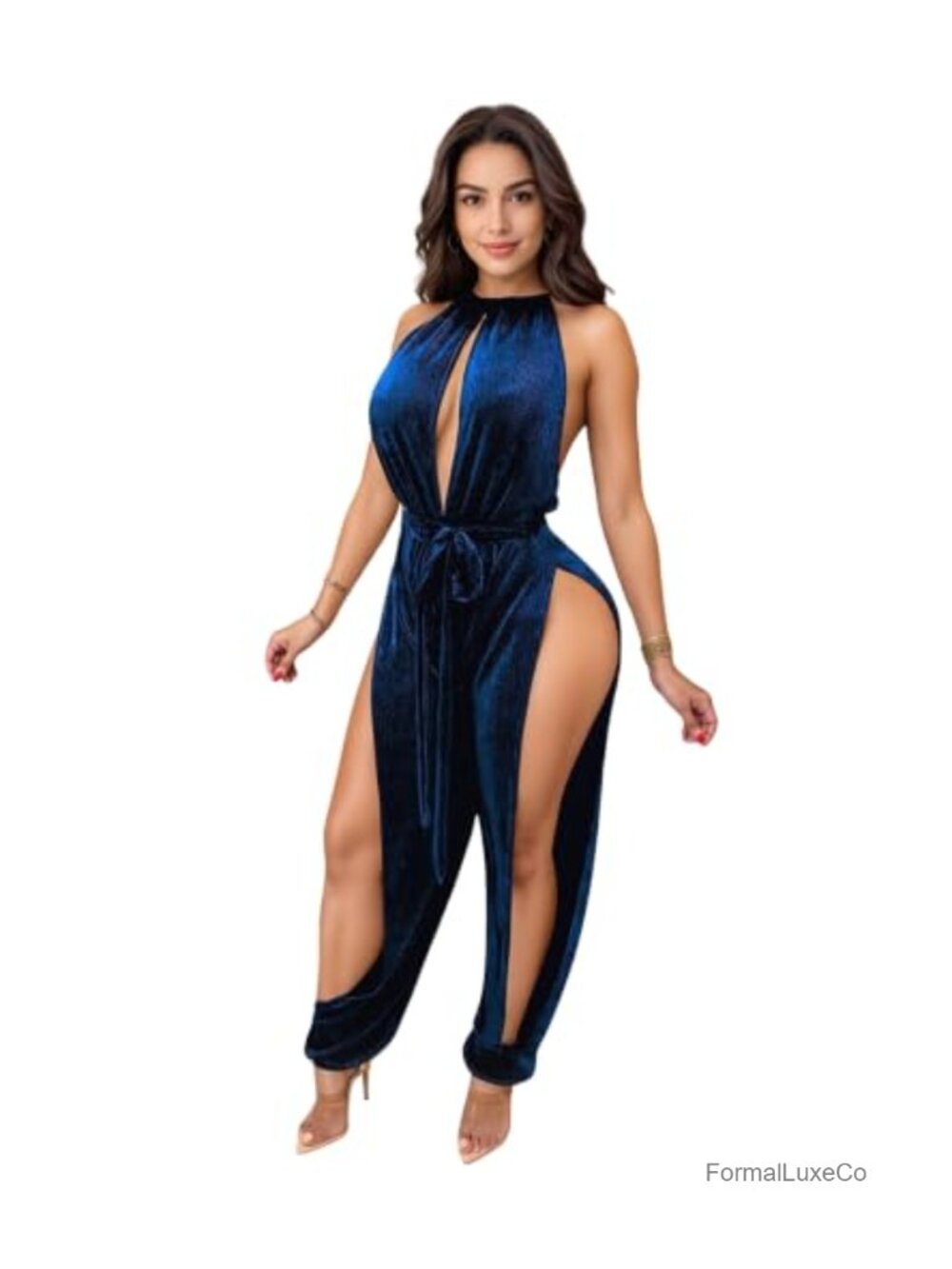 Women's Sexy Velvet Jumpsuit Sleeveless Halter Neck Clubwear Party Outfit